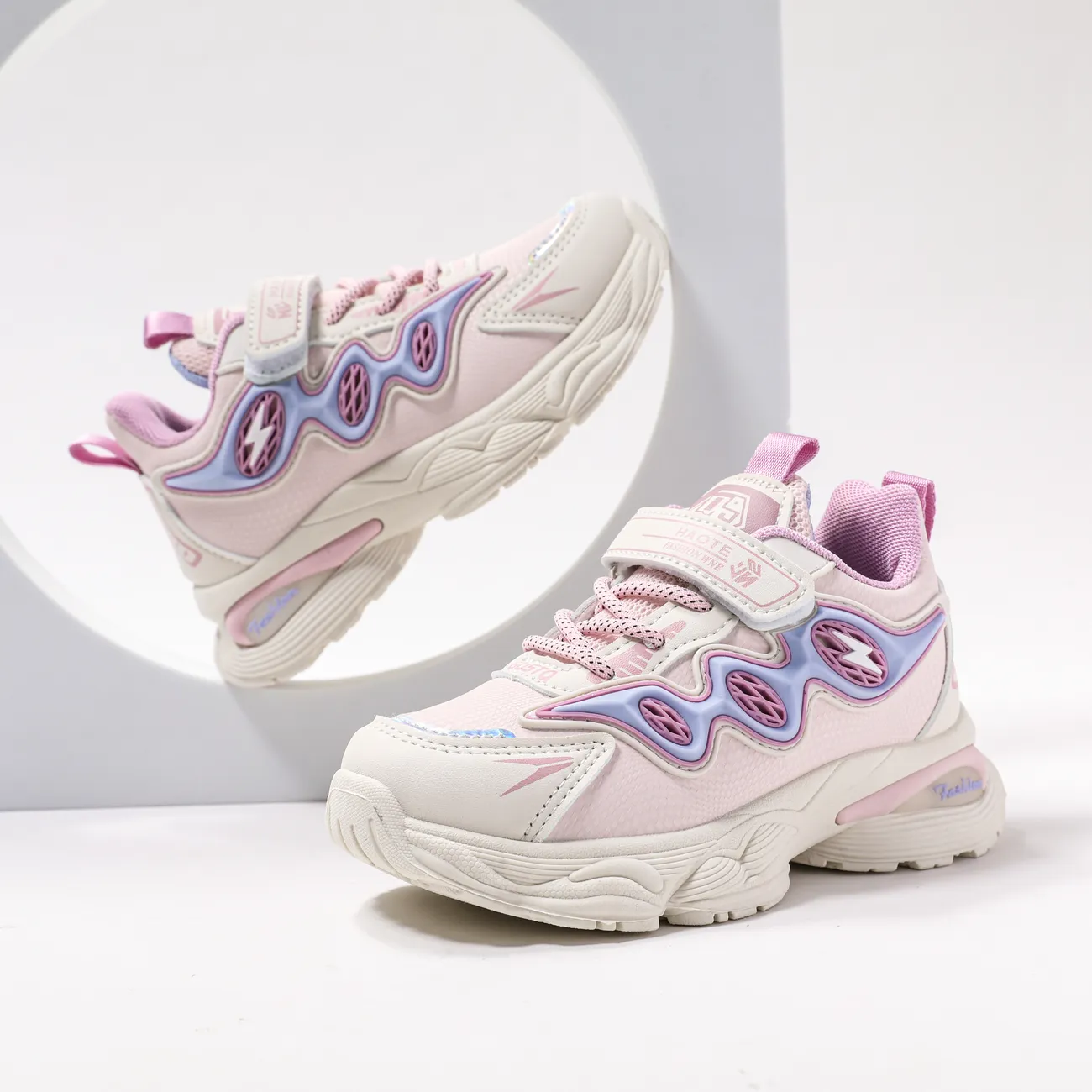 Kids Girl/Boy Solid Color Fiber Mesh Cloth Velcro Sports Shoes Pink big image 1