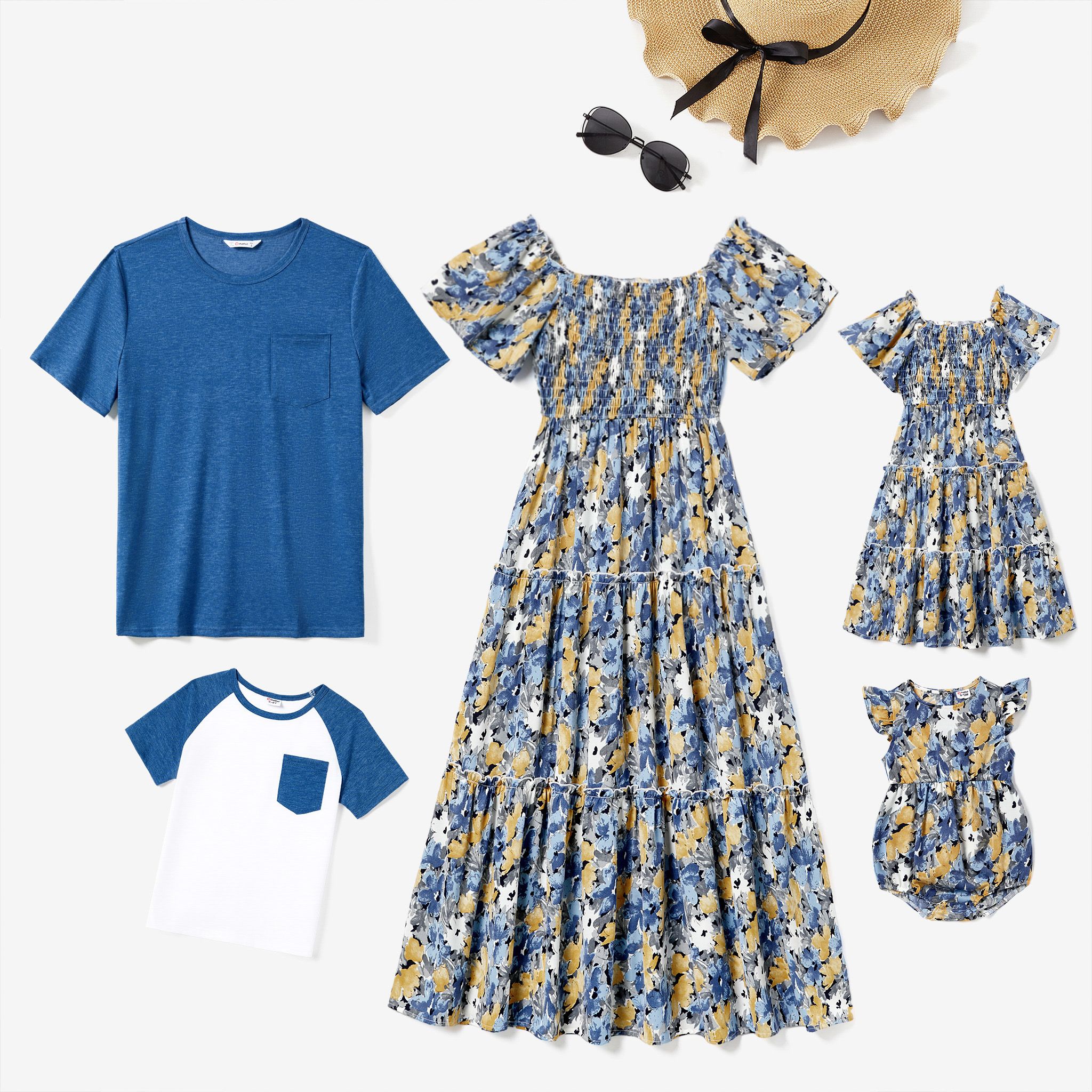 

Family Matching Solid Color Blue Raglan Sleeve T-Shirt and Floral Shirred Tiered Dresses Sets