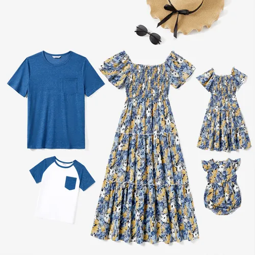 Family Matching Solid Color Blue Raglan Sleeve T-Shirt and Floral Shirred Tiered Dresses Sets 