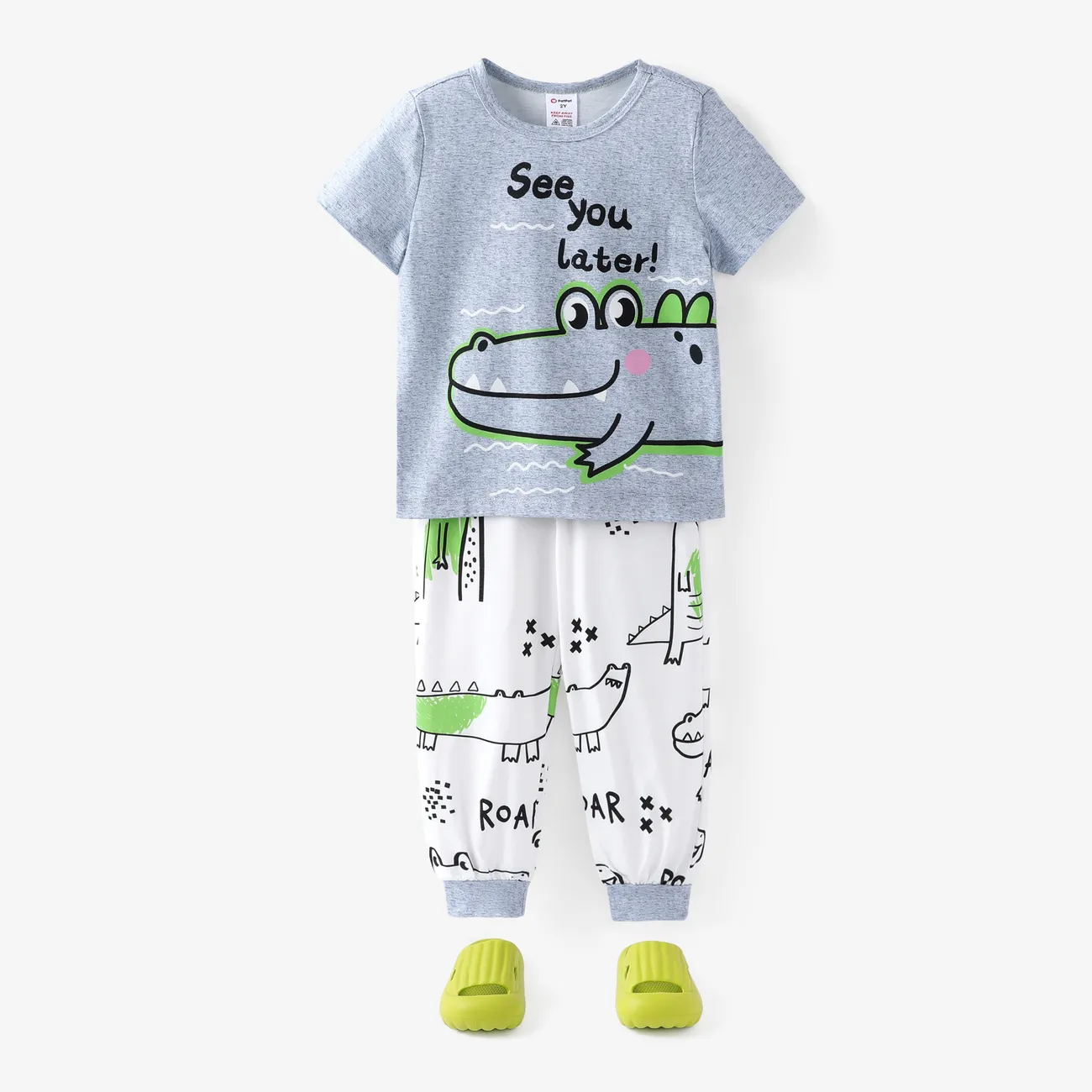 Toddler/Kid Boy 2pcs Crocodile Print Tee and Pants Pajamas Set/ Slippers Flecked Grey big image 1