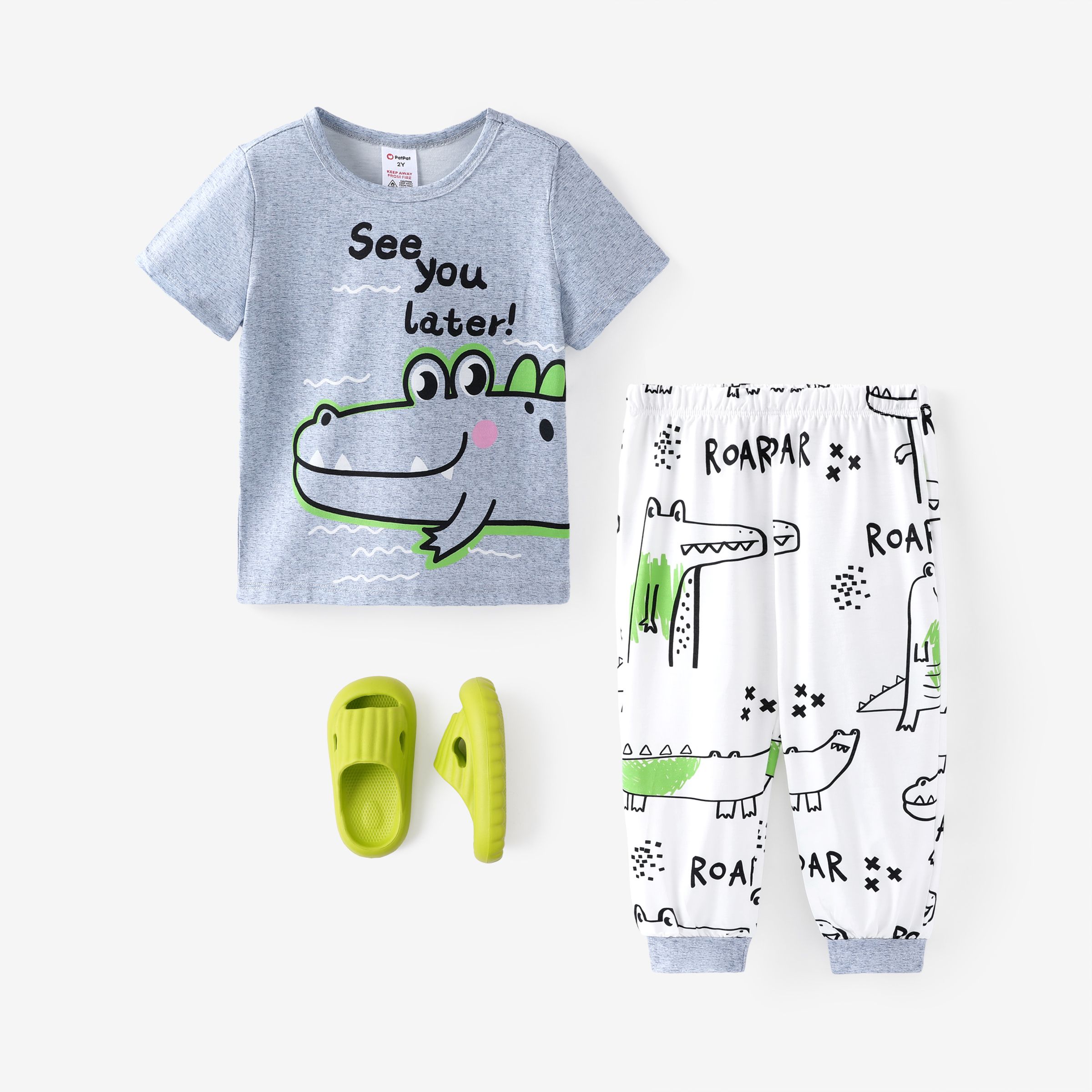 Toddler/Kid Boy 2pcs Crocodile Print Tee And Pants Pajamas Set/ Slippers