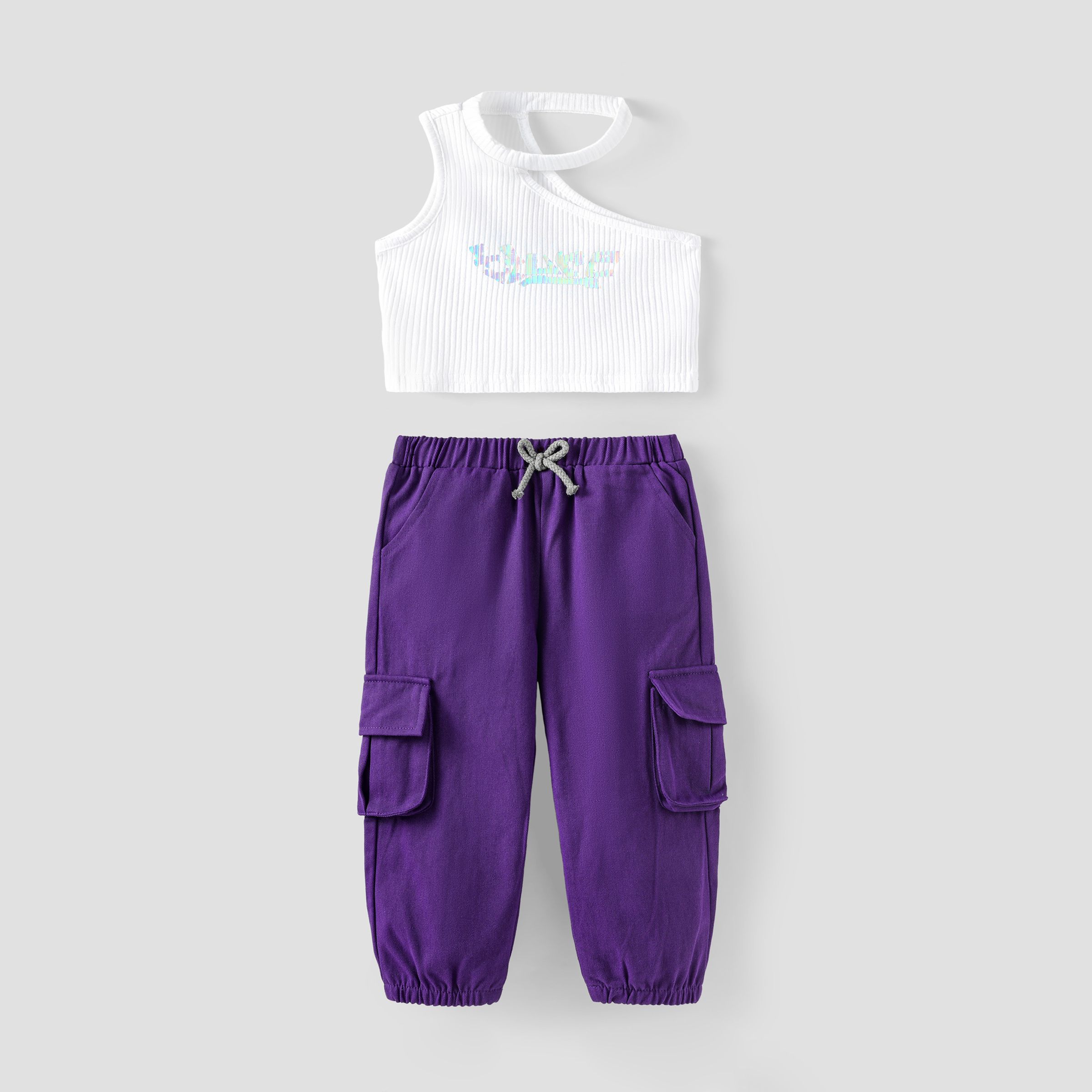 Toddler Girl 2pcs Laser Print Halter Neck Camisole And Cargo Pants Set