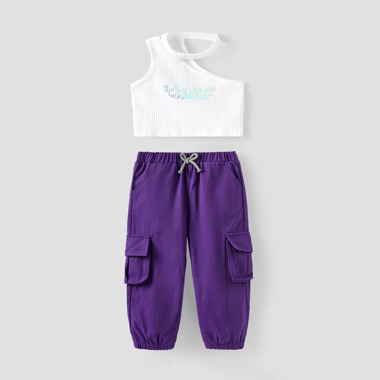Toddler Girl 2pcs Laser Print Halter Neck Camisole and Cargo Pants Set White big image 1