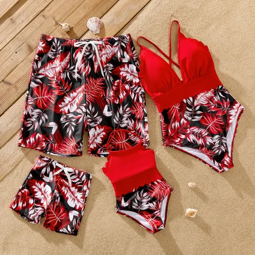 PatPat Family Matching Swimsuit,Leave Print Female Monokini Sleeeless Padded  Bra Bathing Suit,Male Floral Swim Trunks Shorts with Pockets 