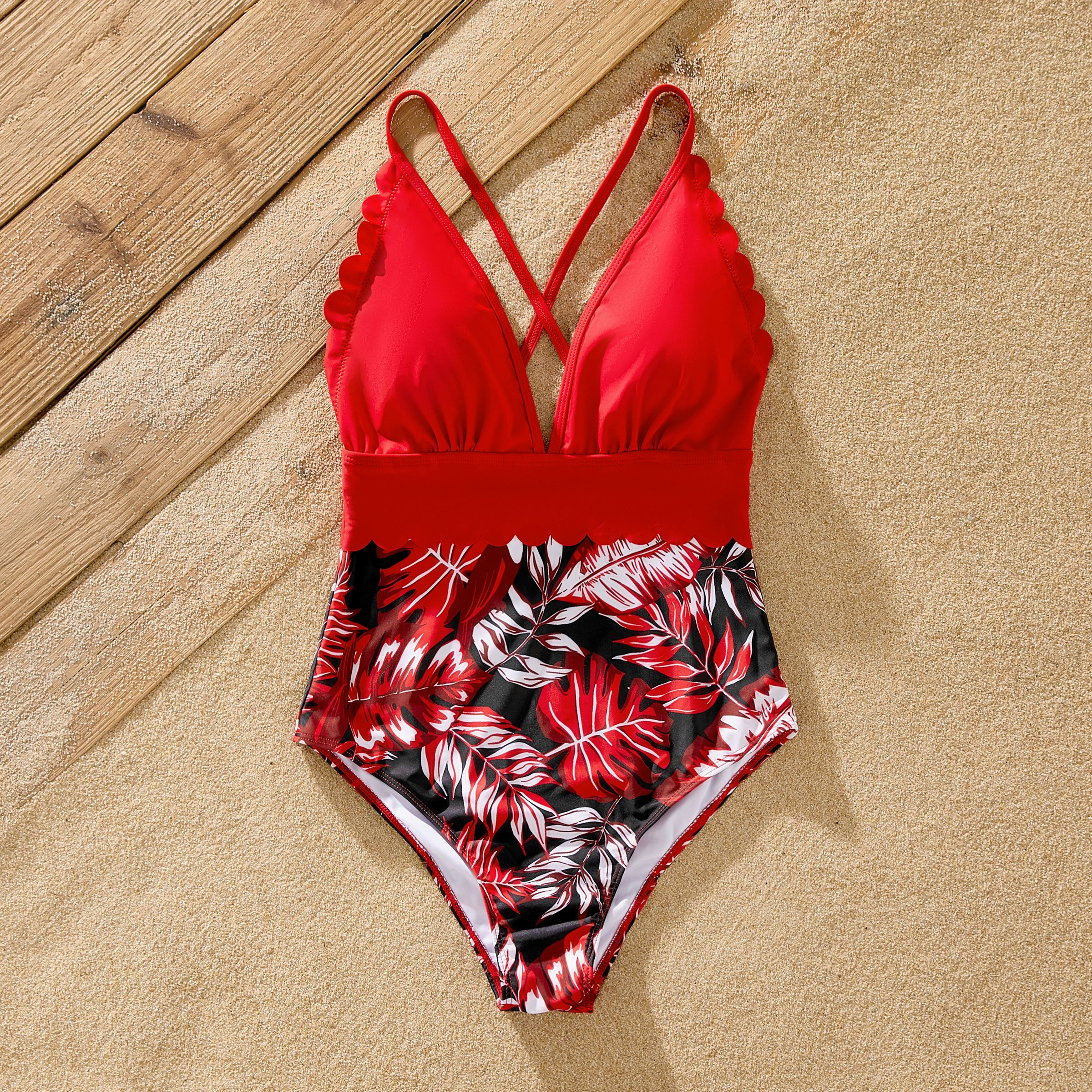 Family Matching Allover Plant Print Swim Trunks and Scallop Trim One-piece Swimsuit