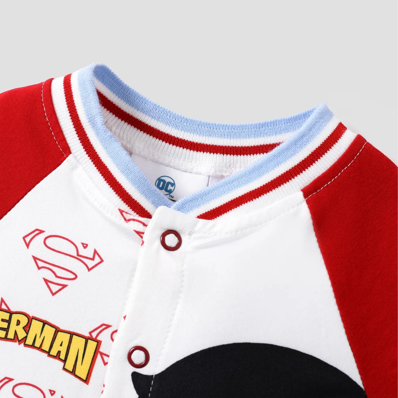 DC Justice League  Superman baby boy Baseball Collar Contrast Color Splicing Sleeve Romper One Piece Red big image 1