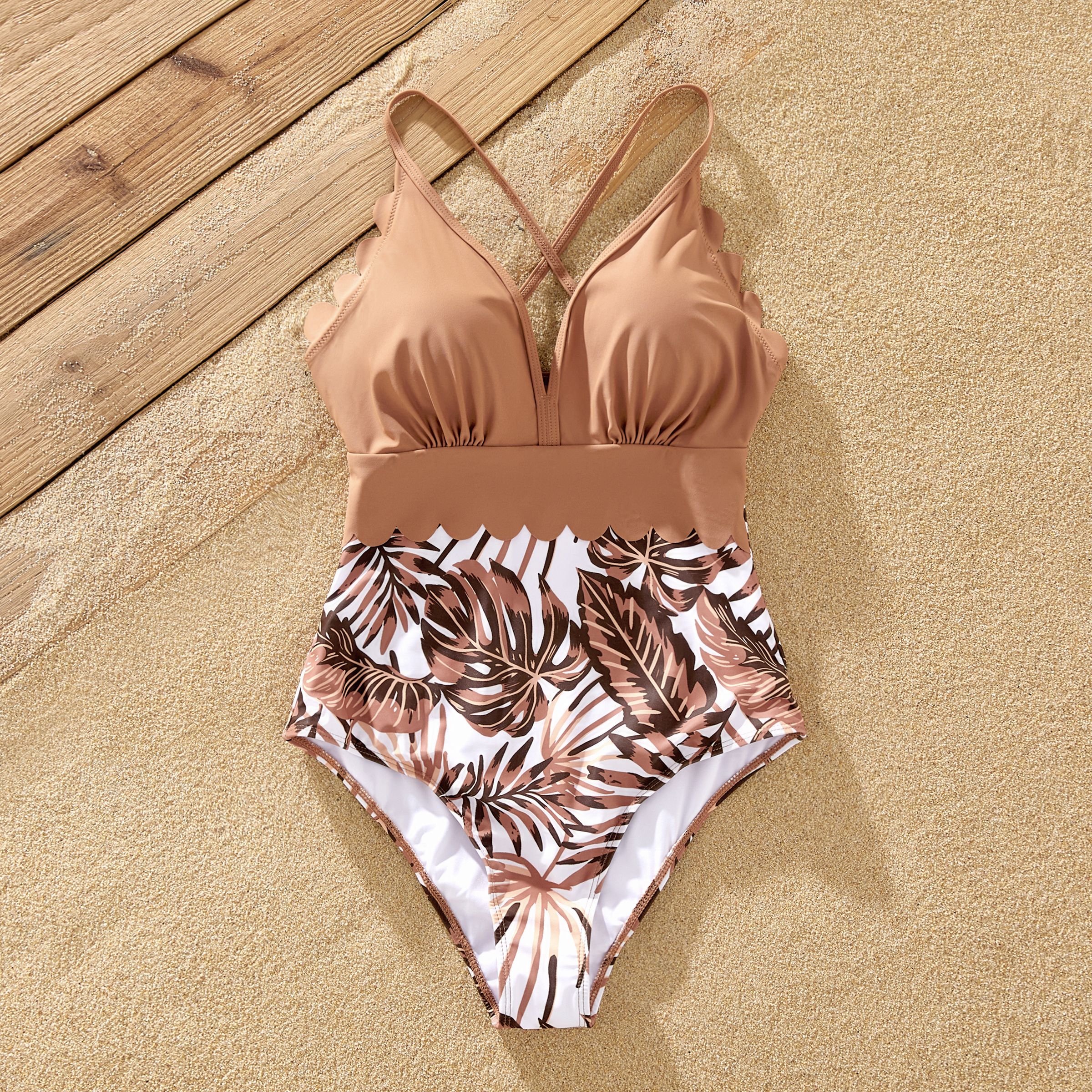 

Family Matching Floral Drawstring Swim Trunks or Shell Edge Spliced One-Piece Strap Swimsuit