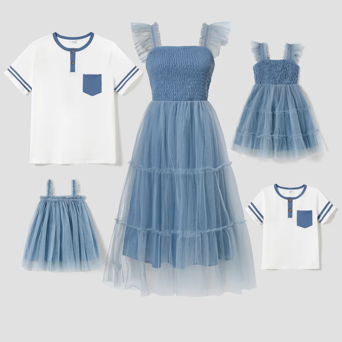 Family Matching Button Tee and Shirred Spliced Tiered Mesh A-Line Dress Sets CIGARETTE ASH big image 1