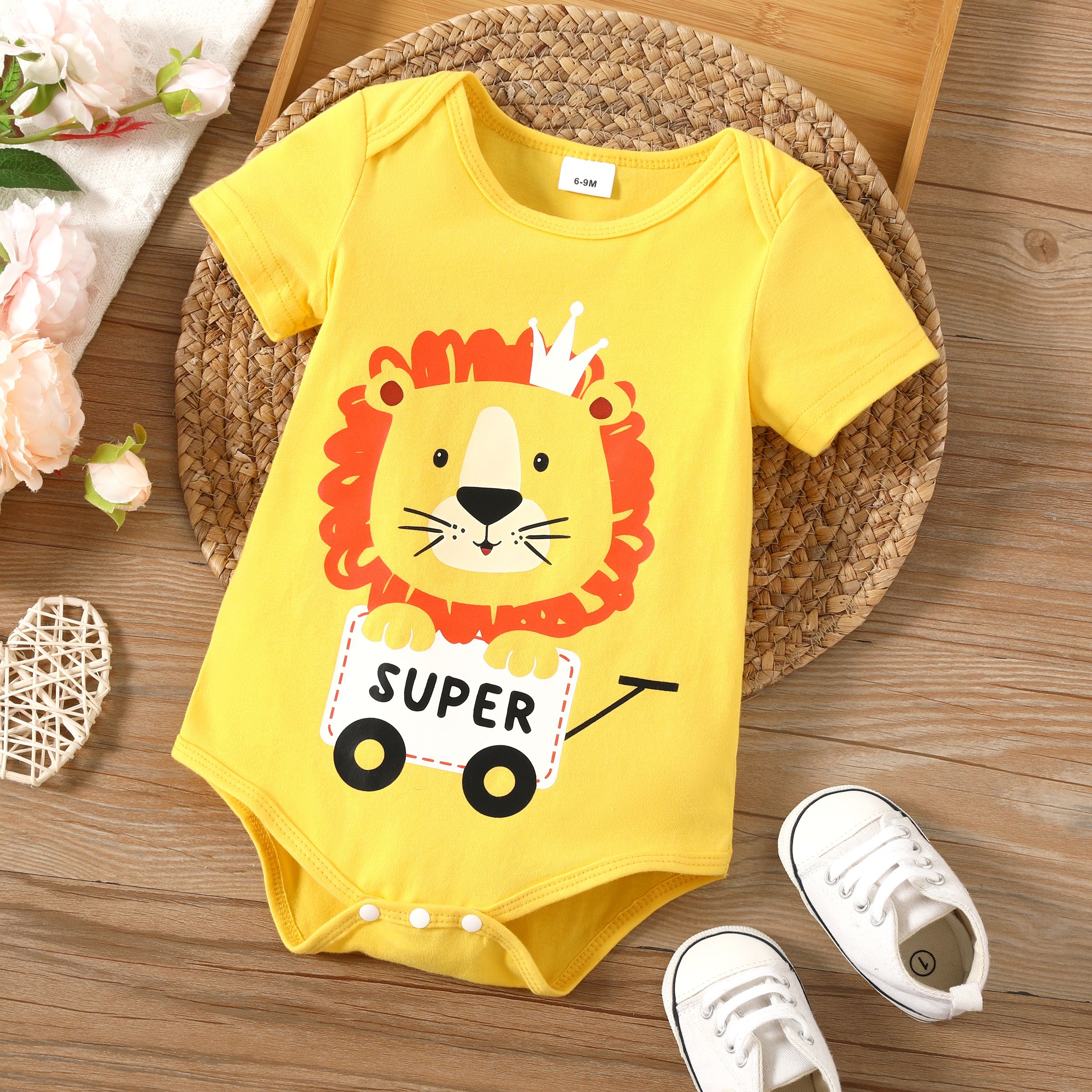 Baby Boy 95%Cotton Colorful Animal Lion Pattern Short Sleeve Romper