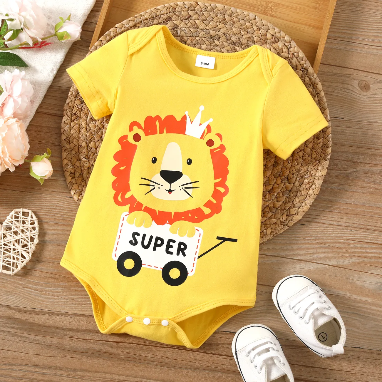 Baby Boy 95%Cotton Colorful Animal Lion Pattern Short Sleeve Romper  Yellow big image 1