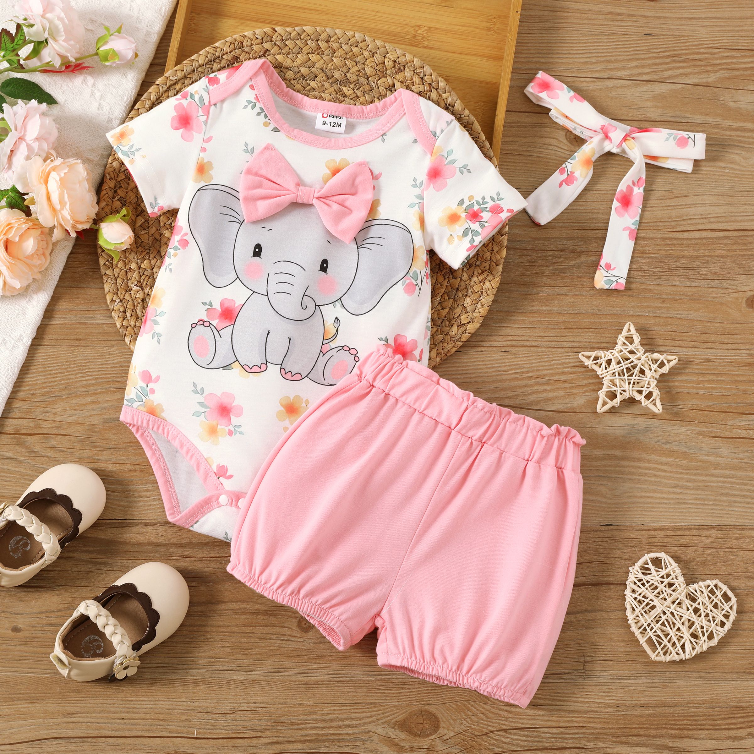 3cps Baby Girl Cute Elephant Print Romper and Shorts and Headband Set