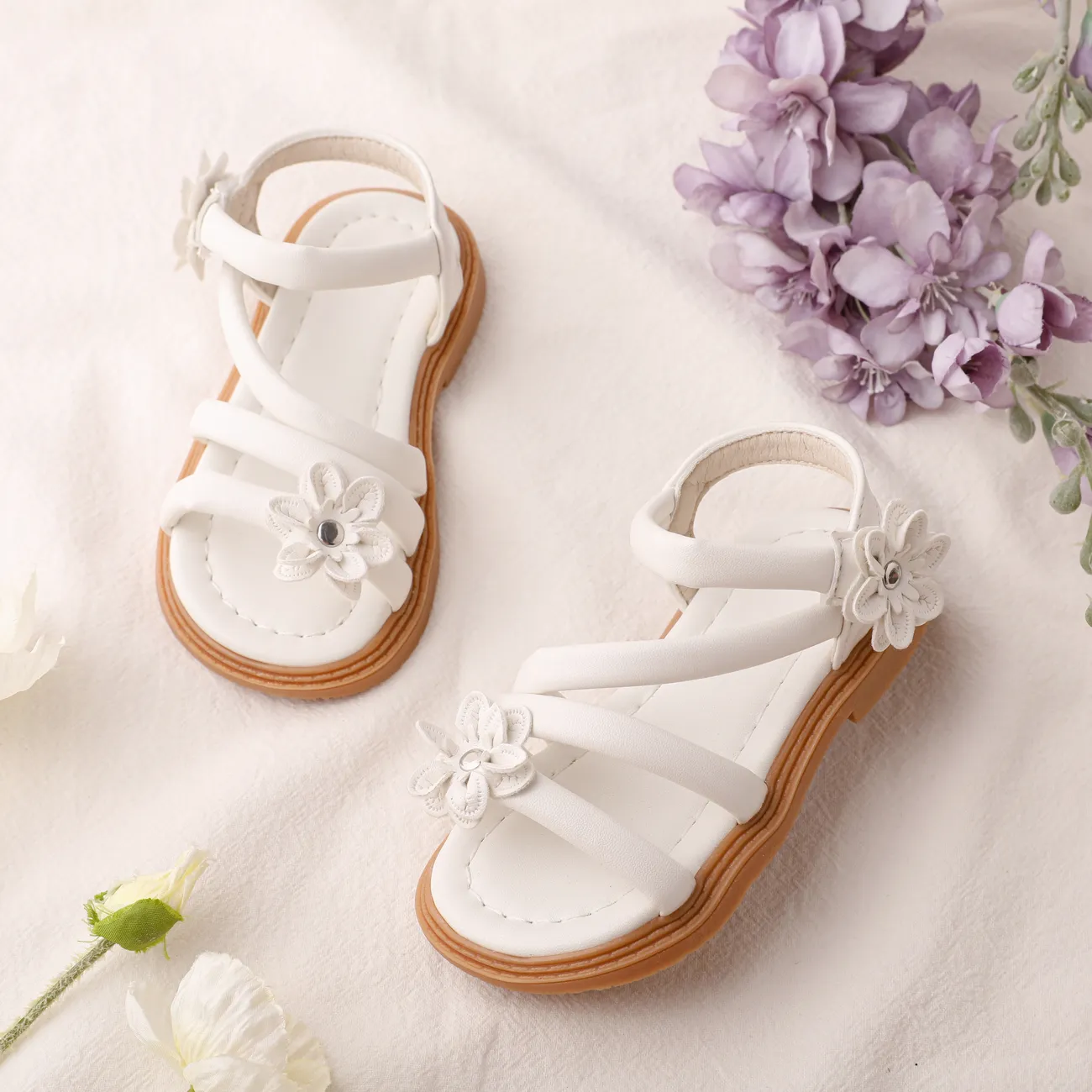 Toddler/Kids Girl Casual Solid 3D Flower Leather Sandals White big image 1