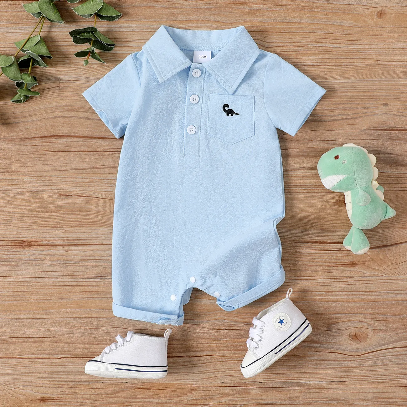 Baby Boy 100% Cotton Front Buttons Pocket with Dinosaur Pattern Lapel Neck Solid Jumpsuit Blue big image 1