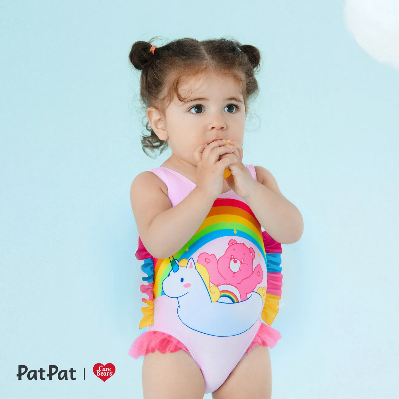 Care Bears Baby Girl 2pcs Bear Print Colorful Ruffle Trim One-piece Swimsuit & Cap Set Light Pink big image 1