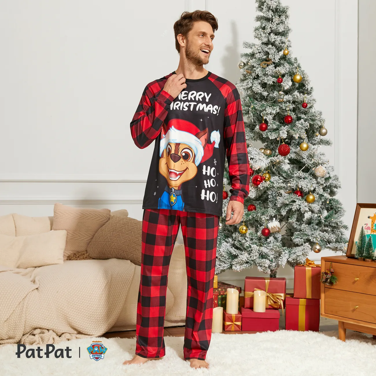 PAW Patrol Family Matching Christmas Red Plaid Long-sleeve Cartoon Graphic Pajamas Sets (Flame Resistant) redblack big image 1