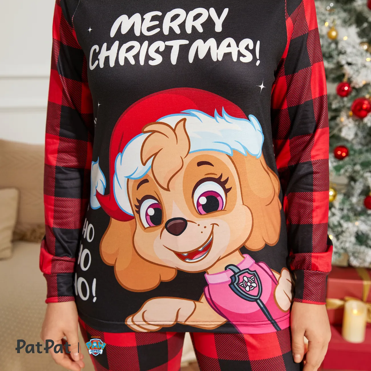 PAW Patrol Family Matching Christmas Red Plaid Long-sleeve Cartoon Graphic Pajamas Sets (Flame Resistant) redblack big image 1