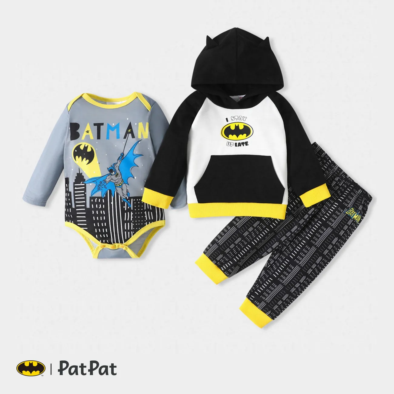 Batman Baby Boy Classic Logo Hooded Sweatshirt and Bodysuit and Pants Light Grey big image 1