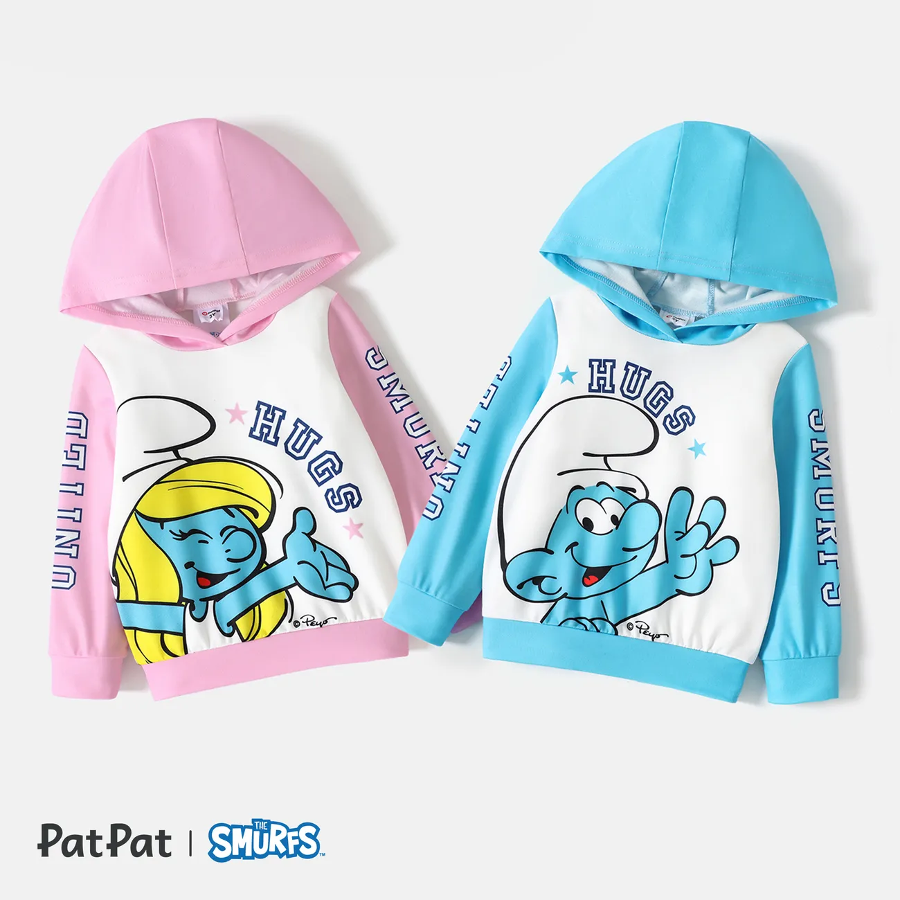 Smurfs Toddler Girl/Boy Letter Print Colorblock Hooded Sweatshirt Pink big image 1