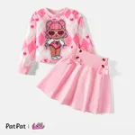 L.O.L. SURPRISE! 2pcs Kid Girl Letter Print Sweatshirt and Plaid/Pink Bow Design Smocked Skirt Set Pink