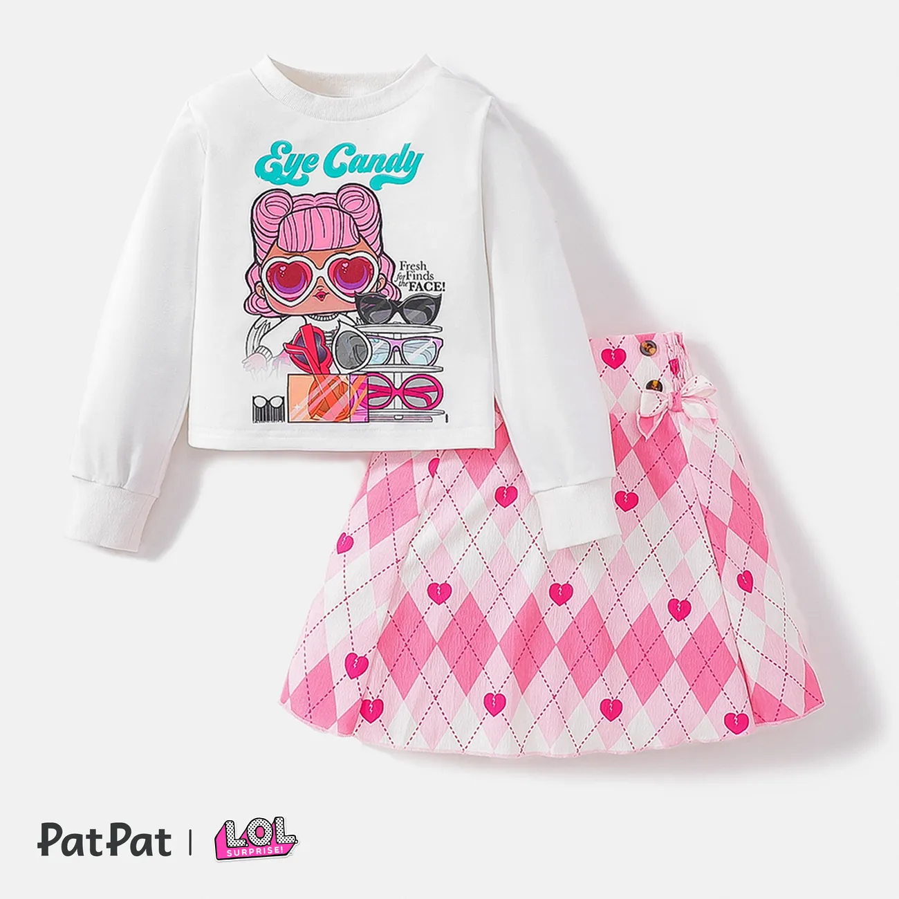 L.O.L. SURPRISE! 2pcs Kid Girl Letter Print Sweatshirt and Plaid/Pink Bow Design Smocked Skirt Set White big image 1
