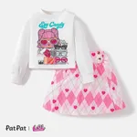 L.O.L. SURPRISE! 2pcs Kid Girl Letter Print Sweatshirt and Plaid/Pink Bow Design Smocked Skirt Set White