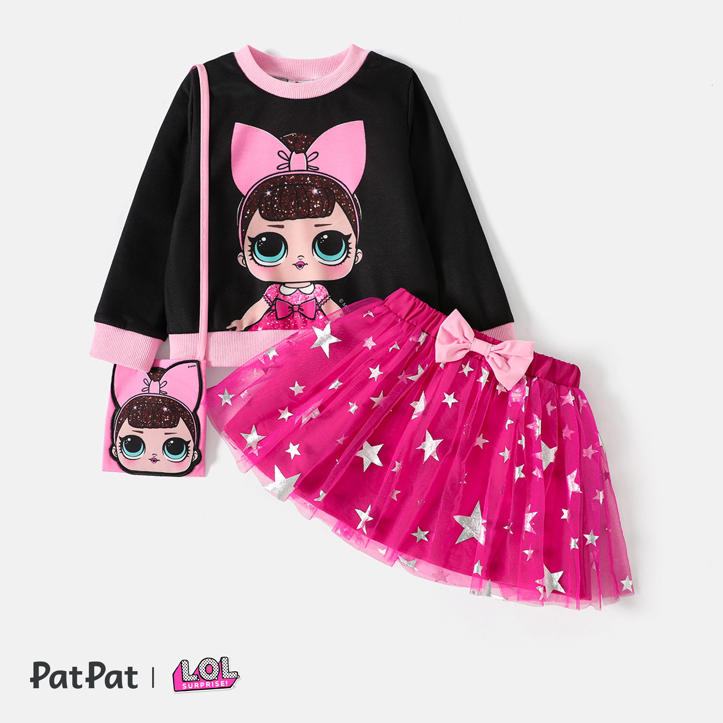 L.O.L. SURPRISE! 3pcs Toddler Girl Character Print Long-sleeve Tee And Star Glitter Design Mesh Skirt And Bag Set