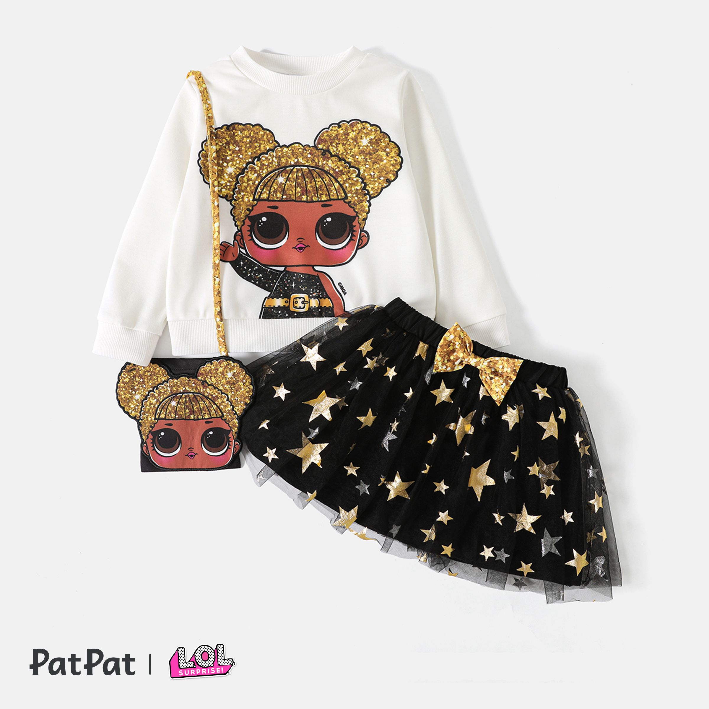 L.O.L. SURPRISE! 3pcs Toddler Girl Character Print Long-sleeve Tee and Star Glitter Design Mesh Skir