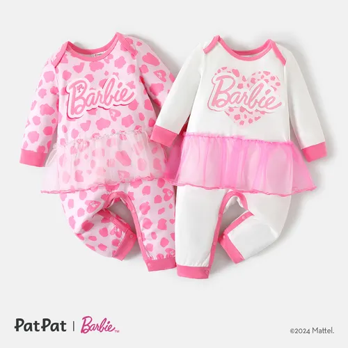 Barbie Baby Girl 100% Cotton Long-sleeve Letter Print Spliced Mesh Jumpsuit