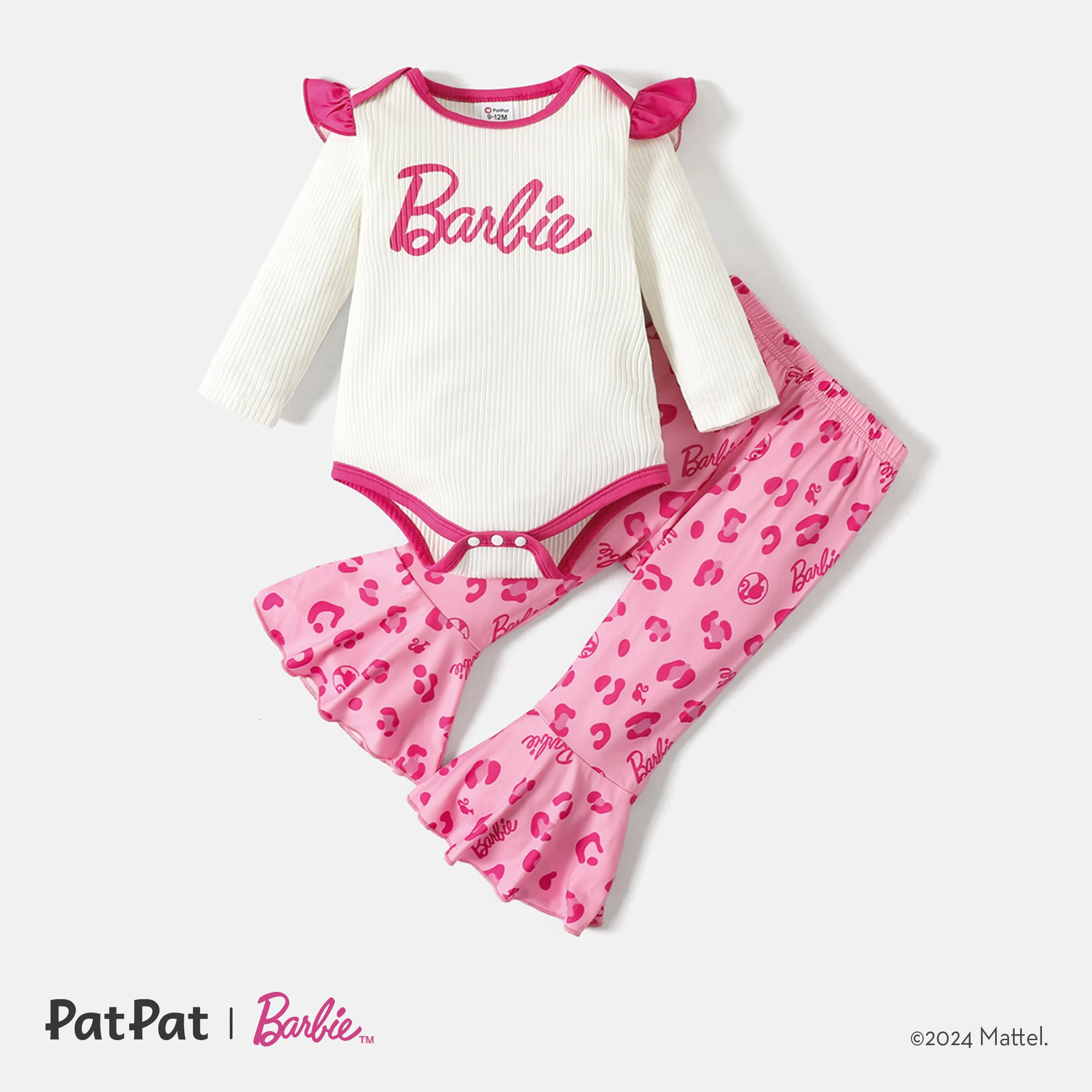 Barbie 2pcs Baby Girl Letter Graphic Ruffle Long-sleeve Ribbed Romper And Allover Print Flared Pants Set