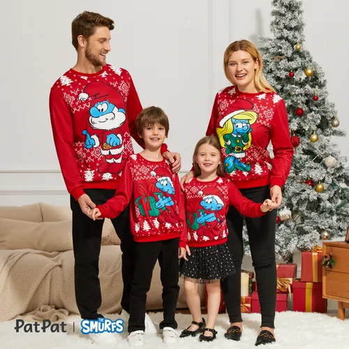 The Smurfs Family Matching Christmas Character & Snowflake Print Long-sleeve Top 