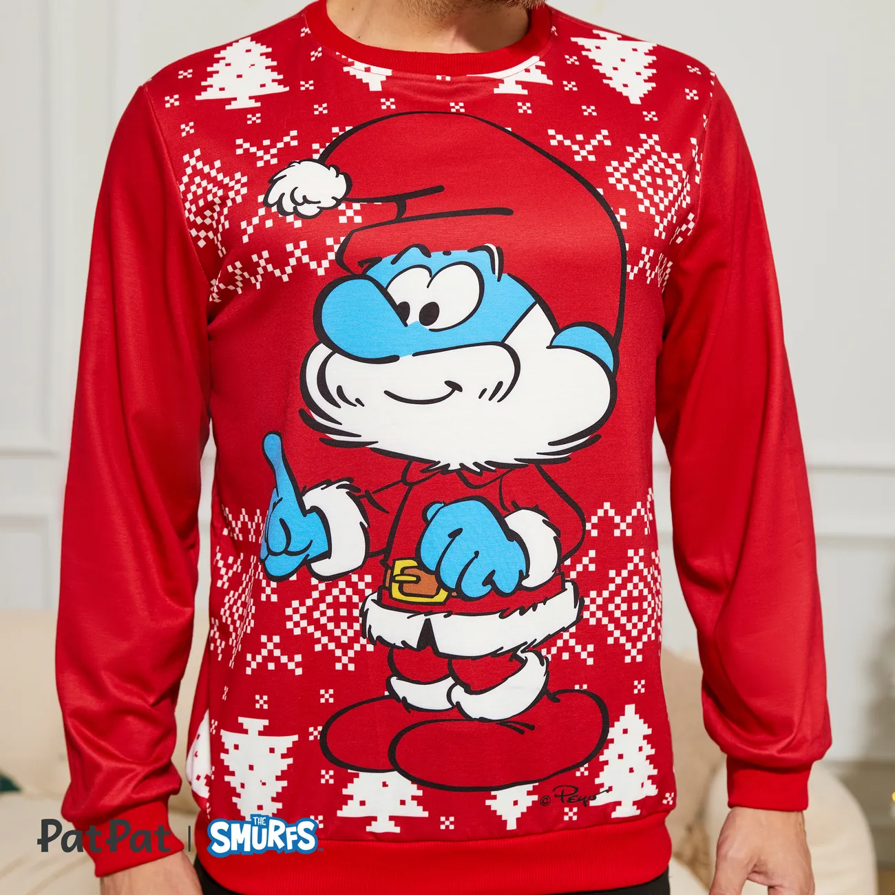 The Smurfs Family Matching Christmas Character & Snowflake Print Long-sleeve Top  Red big image 1