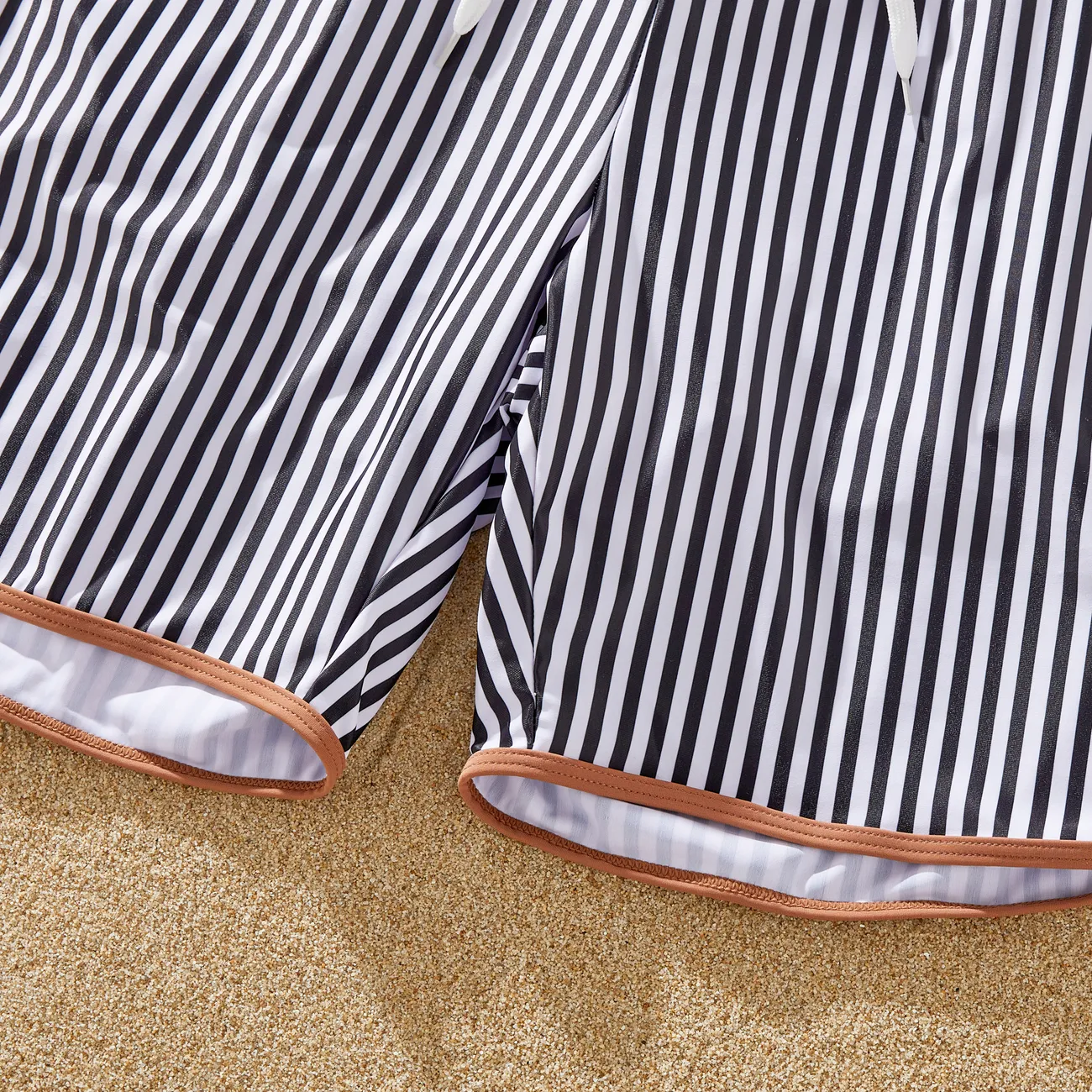 Family Matching Vertical Stripe Drawstring Swim Drunks or Besties Printed Crop Tank Bikini Khaki big image 1