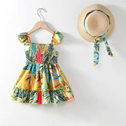 Dulce vestido de niña pequeña, estampado tropical fruncido, juego de 1 pieza