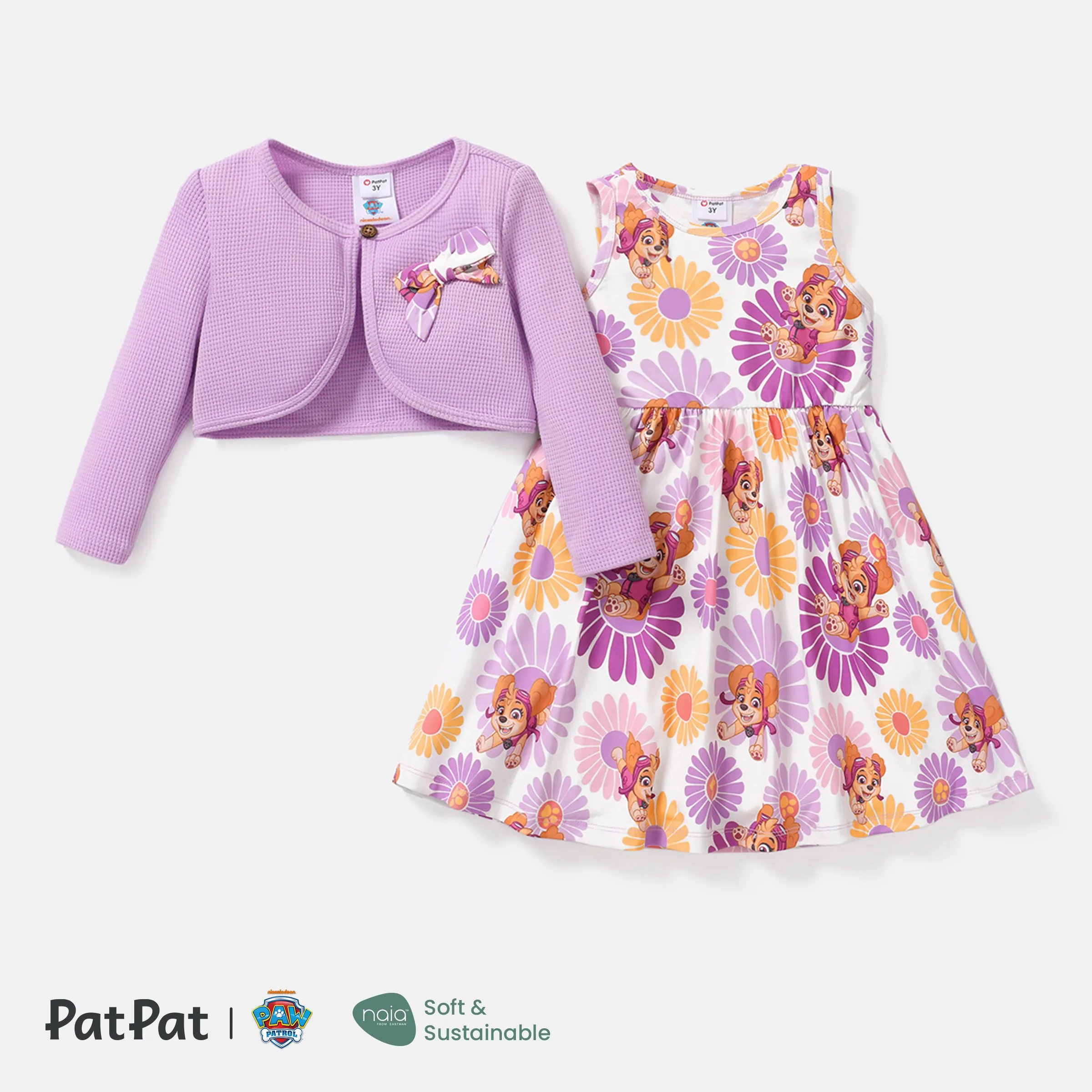 

PAW Patrol 2pcs Toddler Girl Naia Floral Print Sleeveless Dress and Bowknot Design Cotton Cardigan Set