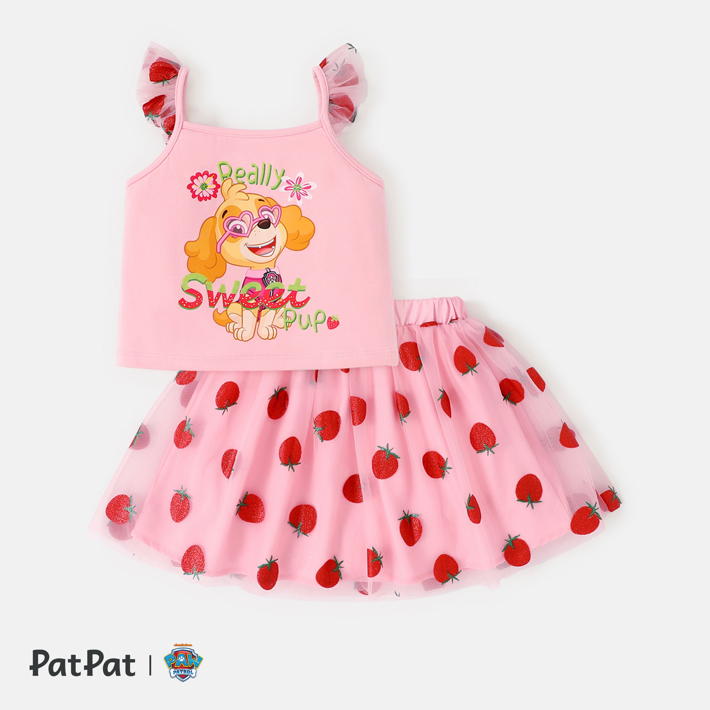 PAW Patrol Toddler Girl 2pcs Character Print Flutter-sleeve Top And Strawberry Pattern Mesh Overlay Skirt Set
