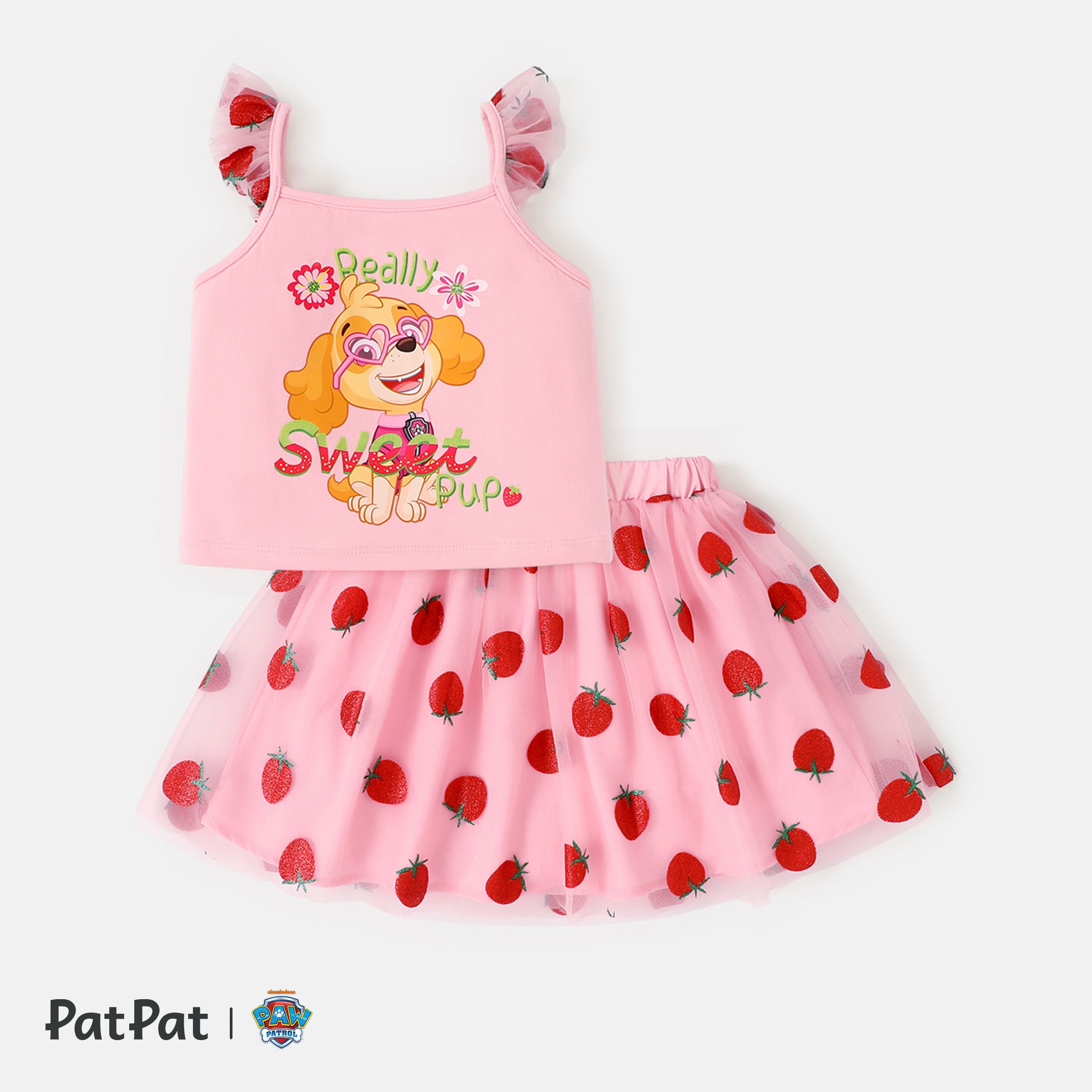 

PAW Patrol Toddler Girl 2pcs Character Print Flutter-sleeve Top and Strawberry Pattern Mesh Overlay Skirt Set