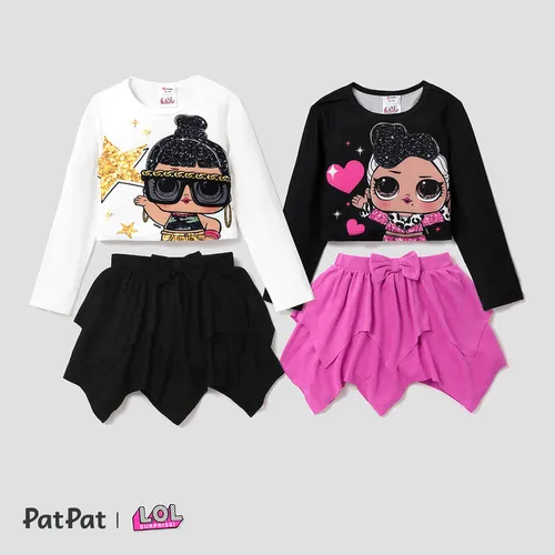 L.O.L. SURPRISE! Kid Girl Graphic Print Long-sleeve Top and Suede Irregular Skirt Set
