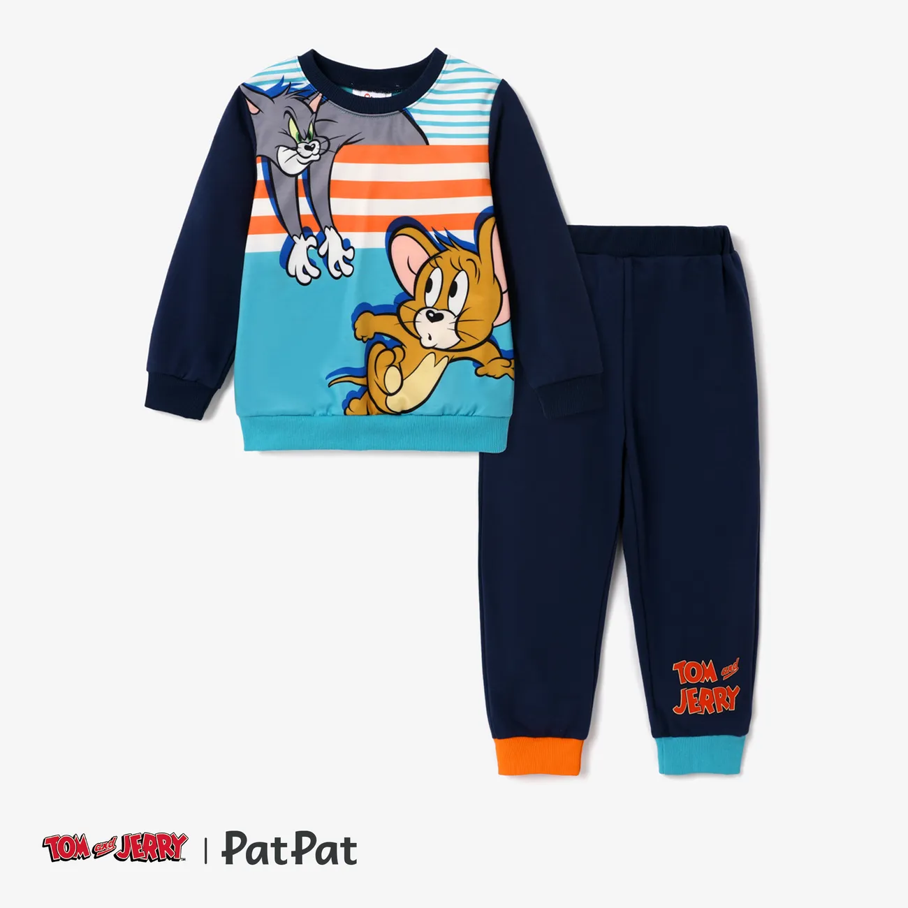 Tom and Jerry Toddler Boy Colorblock Character Print Long-sleeve Top or Black Pant Dark Blue big image 1