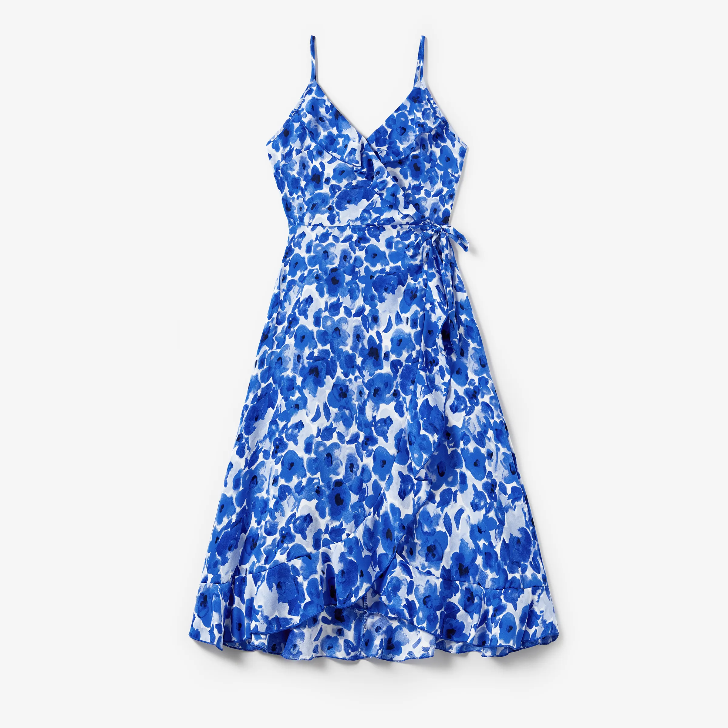 

Mommy and Me Blue Floral Wrap Front Flounce Trim Strap Dress
