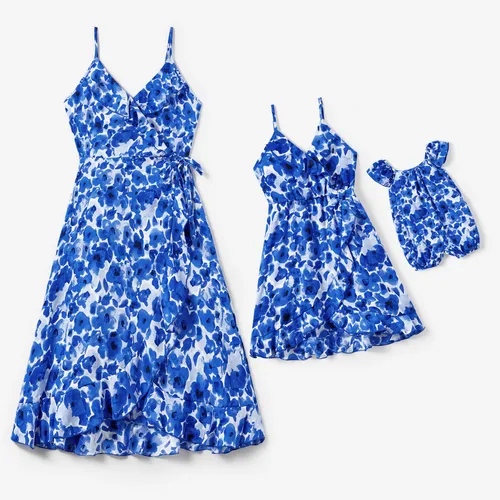 Mommy and Me Blue Floral Wrap Front Flounce Trim Strap Dress