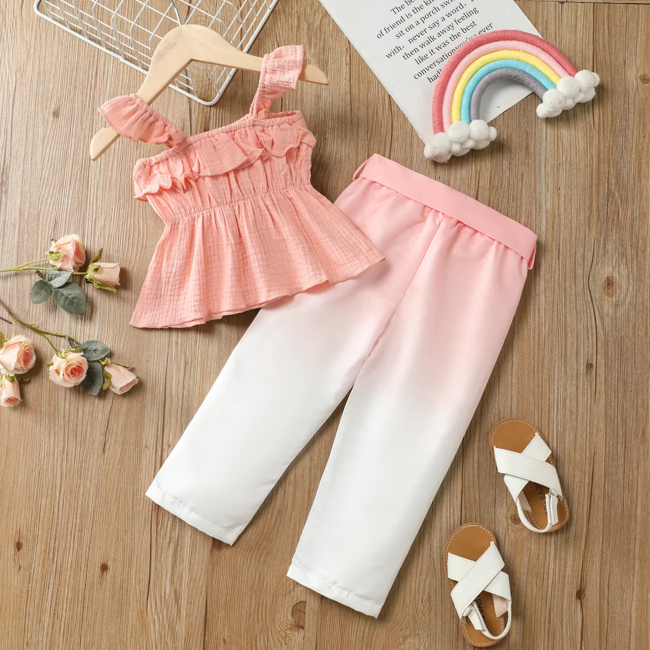 2pcsToddler Girl Sweet Flutter Sleeve Top and Pants Set Pink big image 1