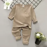 2-piece Toddler Boy/Girl Round-collar Long-sleeve Ribbed Solid Top with Pocket and Elasticized Pants Casual Set Khaki
