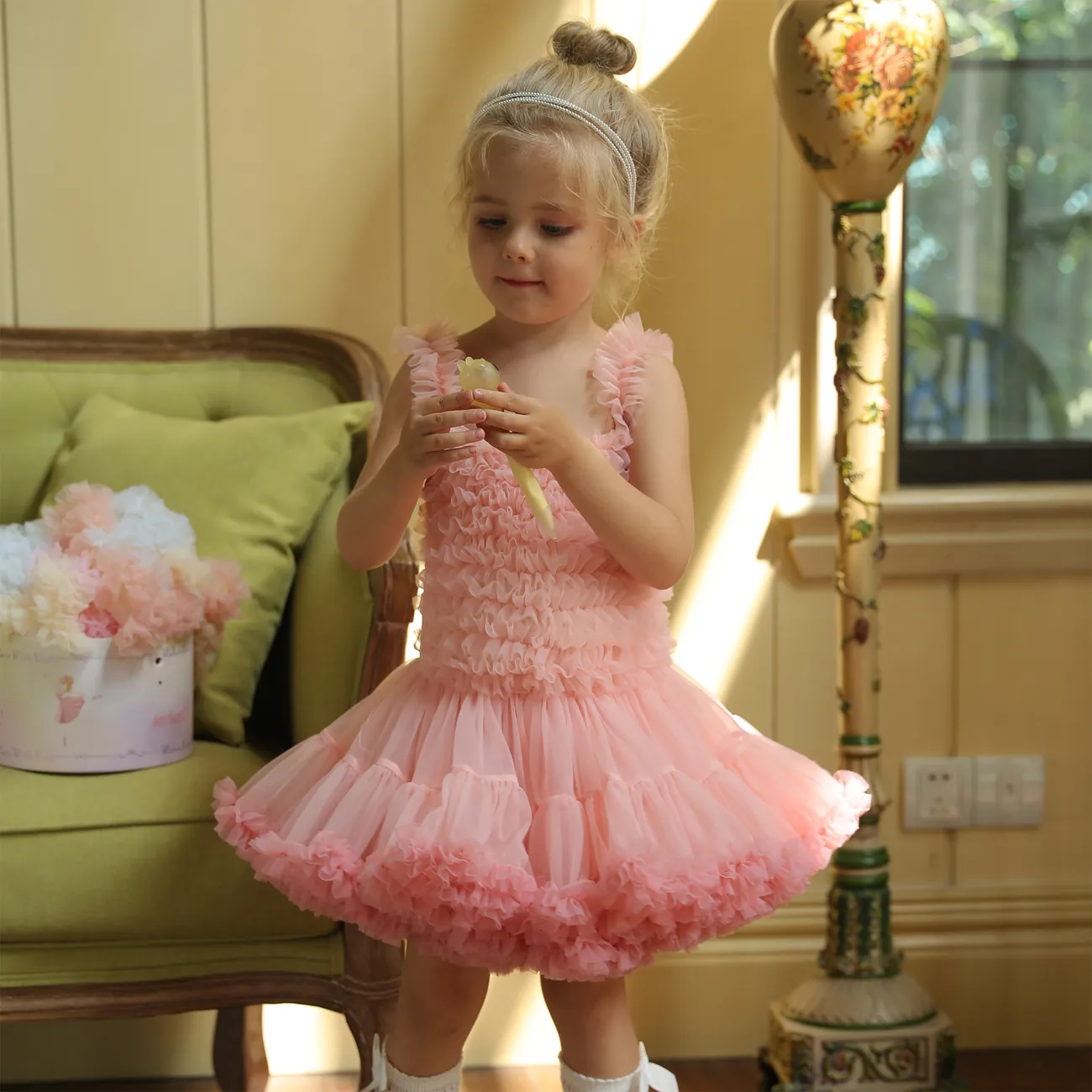 Sweet Girl 芭蕾舞短裙連衣裙，飾有木脂邊緣，氨綸棉混紡，兒童，常規 粉色 big image 1