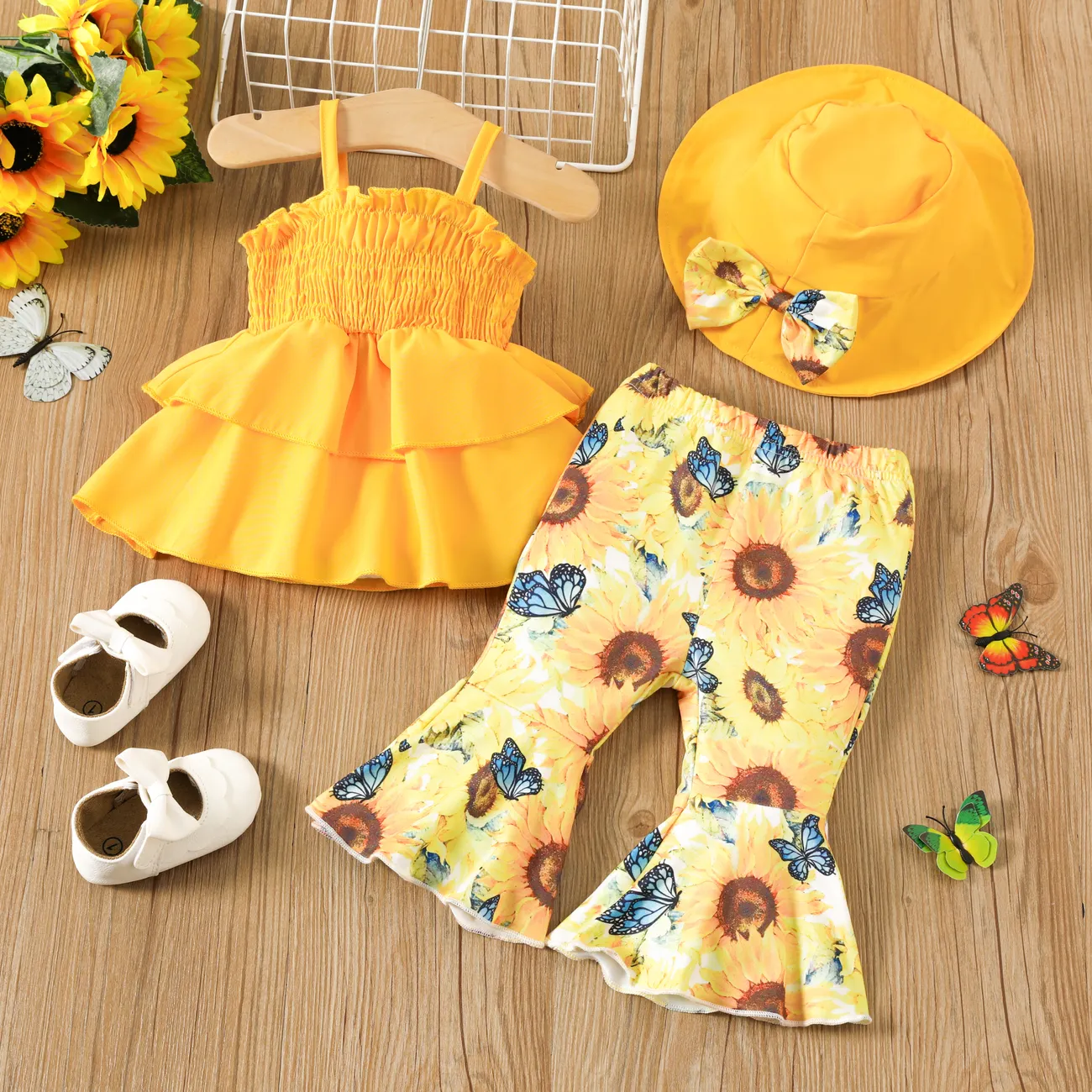 3 unidades Bebé Chica Punto fruncido Girasol Dulce Camiseta sin mangas Conjuntos de bebé Amarillo big image 1
