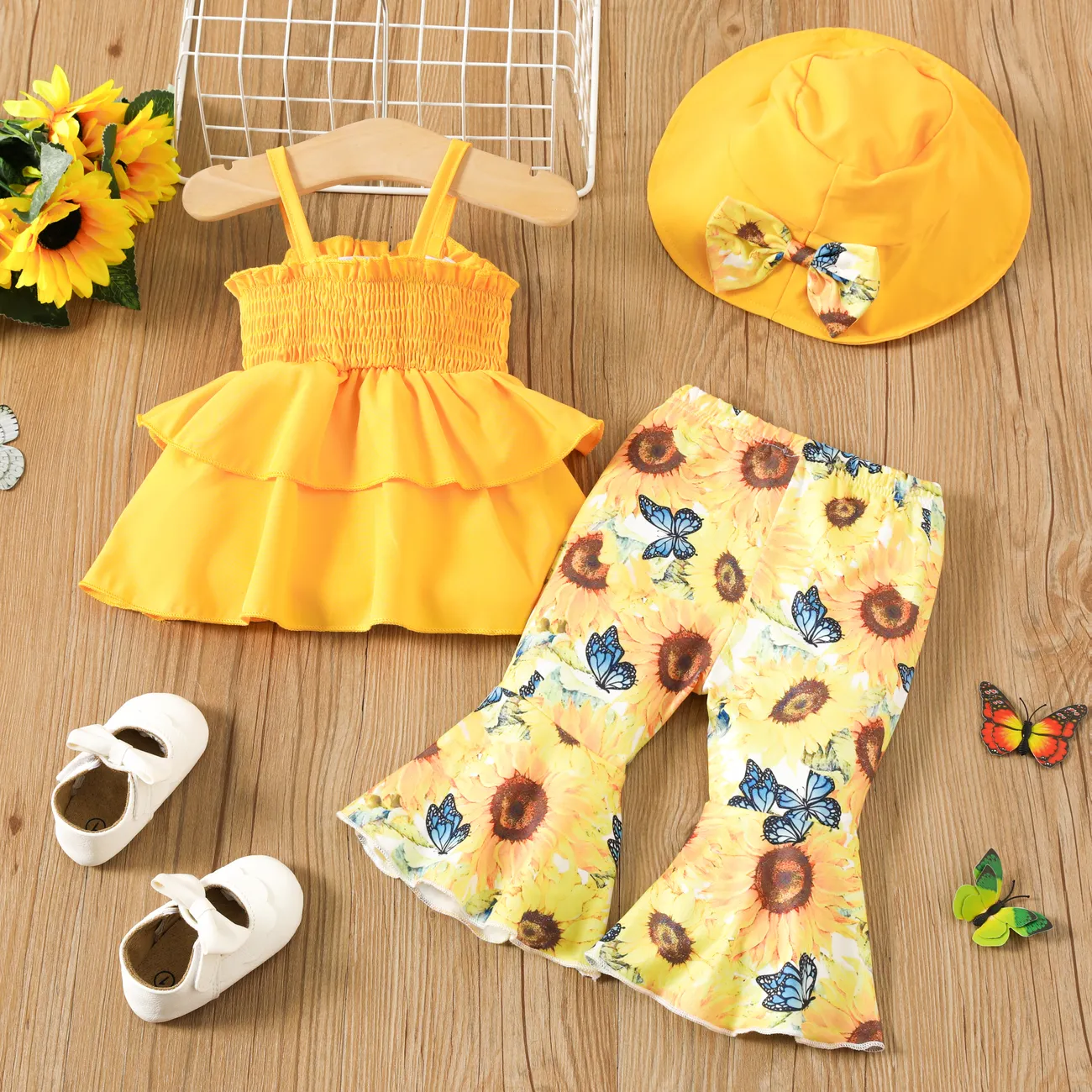 3件 嬰兒 女 褶飾 向日葵 甜美 背心 嬰兒套裝 黃色 big image 1