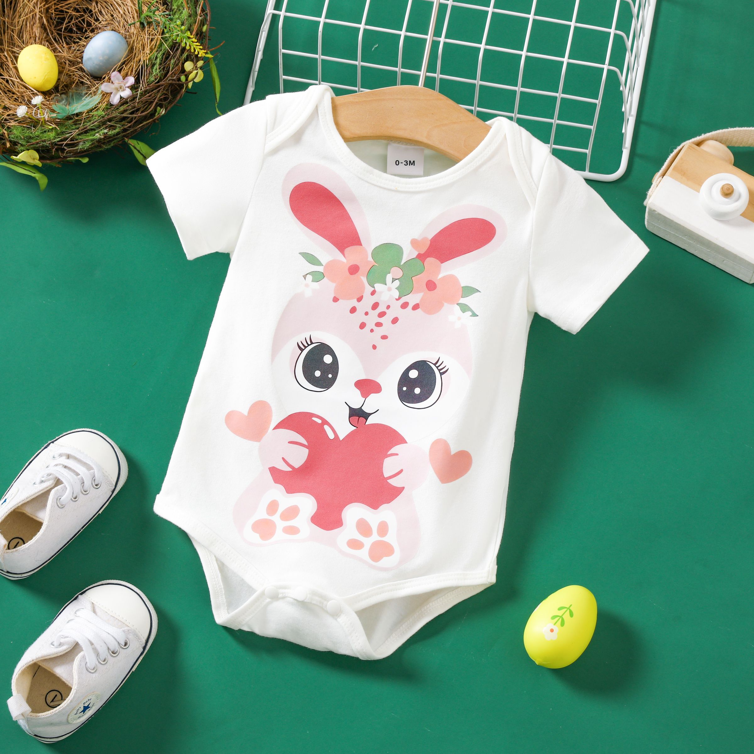 Baby Girl Rabbit Print  Short Sleeve Romper