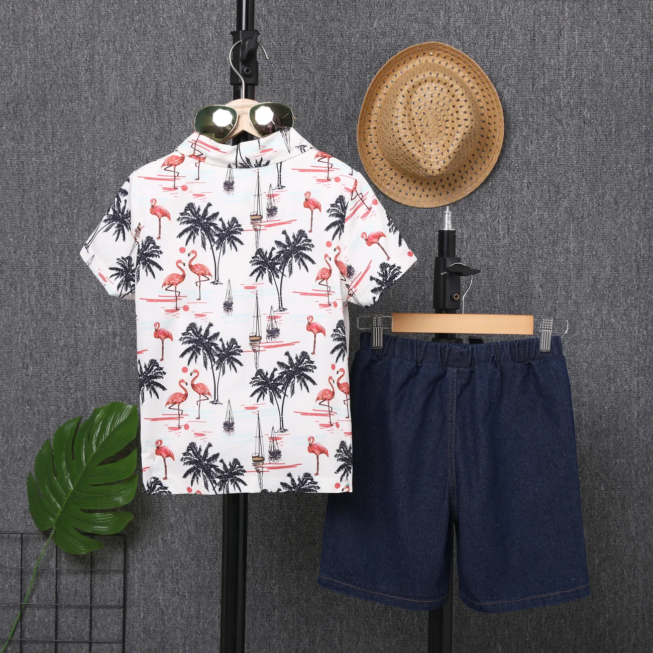  2pcs Kid Boy Casual Lapel Solid Color Top and Shorts Set  White big image 1