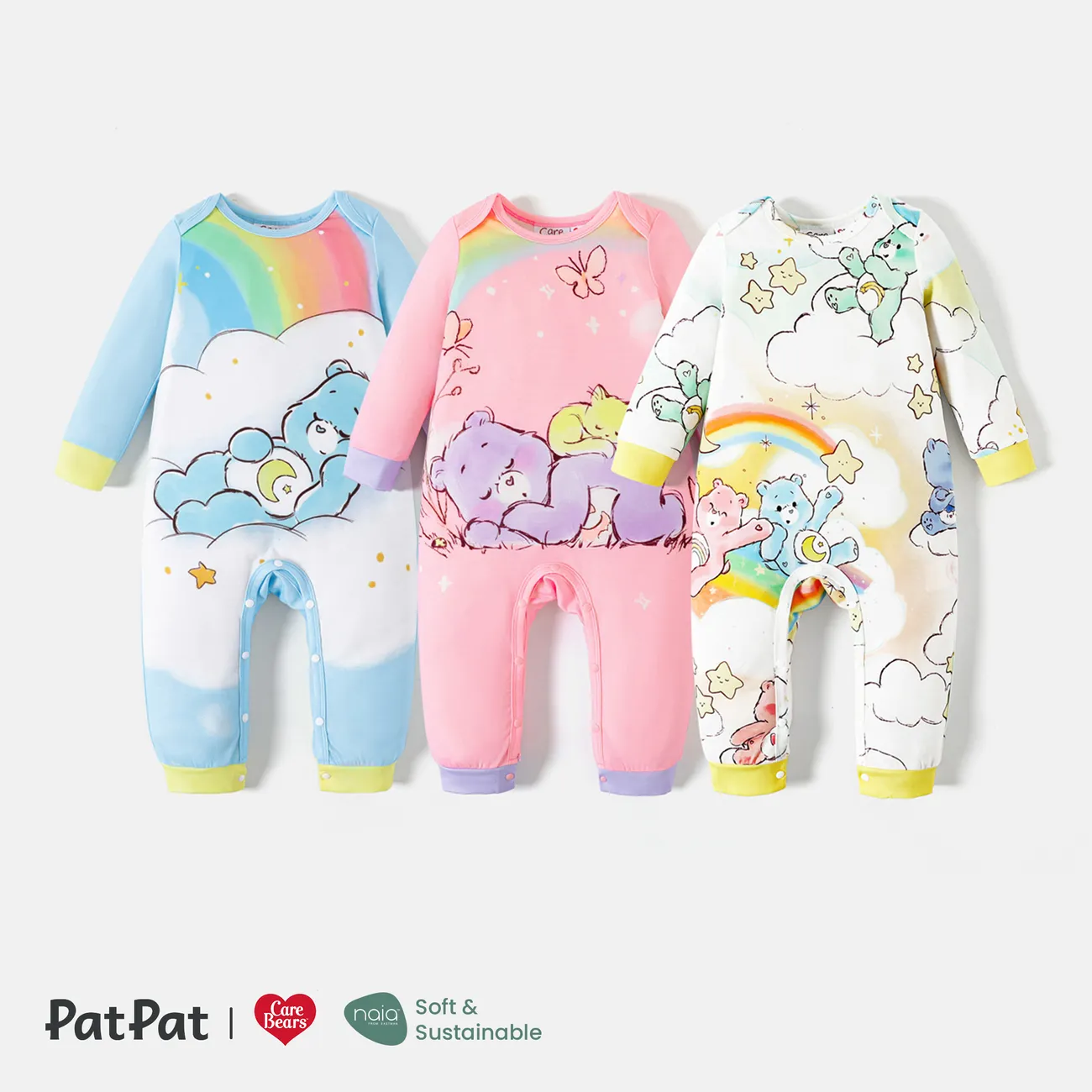 Care Bears Baby Boy/Girl Bear & Rainbow Print Long-sleeve Cotton Jumpsuit Azure- big image 1