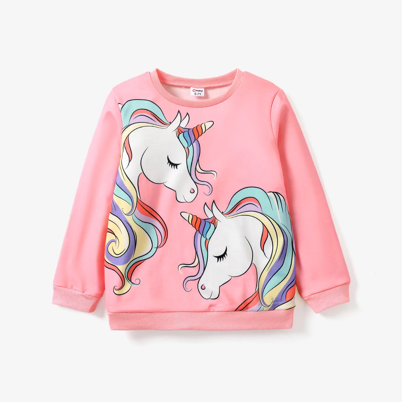 Kid Girl Unicorn Print Fleece Lined Pink Pullover Sweatshirt pink- big image 1
