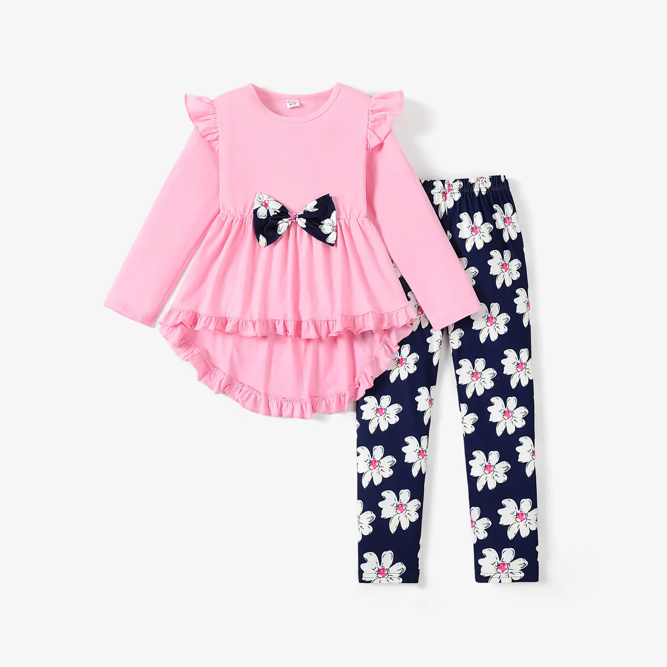 2-piece Kid Girl Bowknot Ruffled Long-sleeves Tee and Flower Allover Print  Pants Pink big image 1